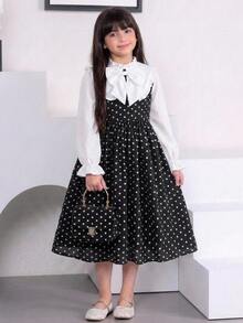 SHEIN Tween Girkids Long Sleeve Contrast Color Cinched Waist Bow Exaggerated Large White Ruffle Collar Long Polka Dot Dress Autumn/Winter - Black - View 7