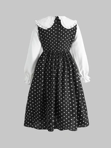 SHEIN Tween Girkids Long Sleeve Contrast Color Cinched Waist Bow Exaggerated Large White Ruffle Collar Long Polka Dot Dress Autumn/Winter - Black - View 2