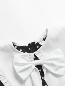 SHEIN Tween Girkids Long Sleeve Contrast Color Cinched Waist Bow Exaggerated Large White Ruffle Collar Long Polka Dot Dress Autumn/Winter - Black - View 3