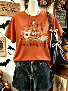 SHEIN LUNE 「Strong And Brave Tiger」大尺碼女款基督教宗教 T 恤，橘色夏季休閒居家正裝上衣，感恩節穿搭 - 杏色 - 查看 3