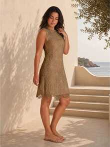 ELLERISSA Plus Size Khaki Sleeveless Lace Shift Mini Dress - Khaki - View 4