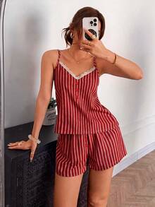 Napfluff Lace Trim Color Block Dark Red Camisole And Shorts Pajama Set Sleep Summer Casual - Red - View 5