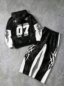 2件組青少年男孩時尚簡約舒適連帽衫與直筒運動長褲套裝，酷炫紮染滿版印花設計，英文圖案印花，適合假期派對聚會休閒舒適，男孩春秋冬季首選，春秋冬季街頭風，校園派對休閒穿搭 - 彩色 - 查看 2