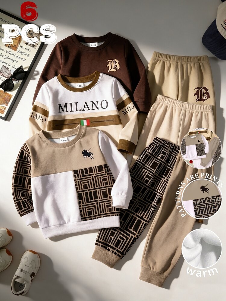 6pcs Baby Boys Sweatshirt Set Casual Brown Beige Geometric Letter Print Long Sleeve Loose Crew Neck Vacation Autumn Winter Fall Clothes - Multicolor - View 3