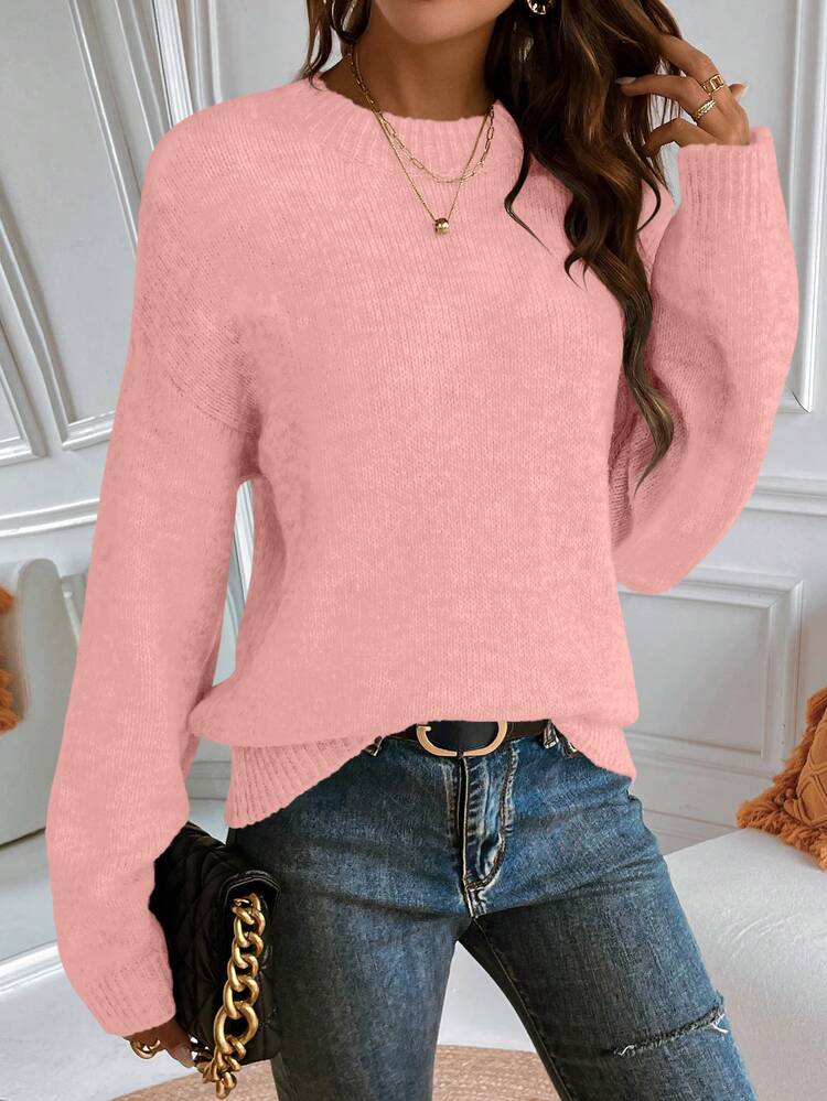 SHEIN PariChic [5 Wool Content]Women's Autumn/Winter Pink Round Neck Loose Minimalist Drop Shoulder Wool Blend Knit Sweater, Suitable For Vacation, Casual, Commute - Baby Pink - View 7