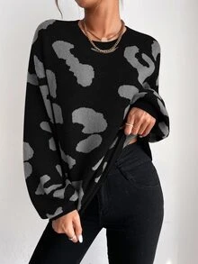 SHEIN LUNE Graphic Pattern Drop Shoulder Sweater,Long Sleeve Tops Knit Pullover Fall Winter Sweater - Multicolor - View 4