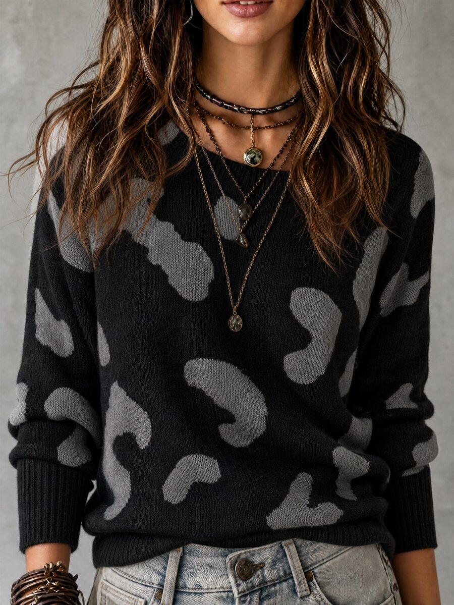 SHEIN LUNE Graphic Pattern Drop Shoulder Sweater,Long Sleeve Tops Knit Pullover Fall Winter Sweater - Multicolor - View 1
