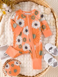 SHEIN Baby Girl Floral Print Long Sleeve Zipper Front Casual Vacation Zippered Orange Knit Lightweight Breathable Jumpsuit, Spring/Autumn - Orange - View 2