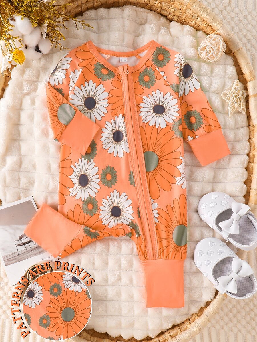 SHEIN Baby Girl Floral Print Long Sleeve Zipper Front Casual Vacation Zippered Orange Knit Lightweight Breathable Jumpsuit, Spring/Autumn