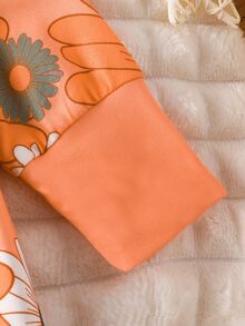 SHEIN Baby Girl Floral Print Long Sleeve Zipper Front Casual Vacation Zippered Orange Knit Lightweight Breathable Jumpsuit, Spring/Autumn - Orange - View 6