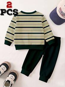 SHEIN 2pcs Baby Boys Sweatshirt Set Sporty Dark Green Khaki Striped Letter Print Long Sleeve Loose Crew Neck School Autumn Winter Fall,1 Random Set - Multicolor - View 2