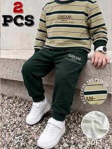 SHEIN 2pcs Baby Boys Sweatshirt Set Sporty Dark Green Khaki Striped Letter Print Long Sleeve Loose Crew Neck School Autumn Winter Fall,1 Random Set - Multicolor - View 3