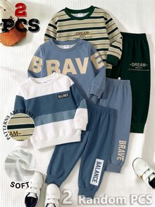SHEIN 2pcs Baby Boys Sweatshirt Set Sporty Dark Green Khaki Striped Letter Print Long Sleeve Loose Crew Neck School Autumn Winter Fall,1 Random Set - Multicolor - View 1