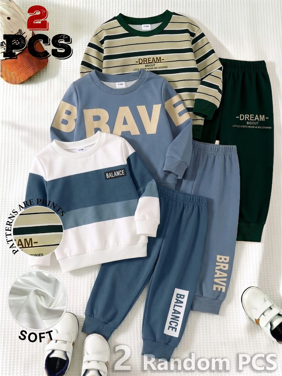 SHEIN 2pcs Baby Boys Sweatshirt Set Sporty Dark Green Khaki Striped Letter Print Long Sleeve Loose Crew Neck School Autumn Winter Fall,1 Random Set - Multicolor - View 1