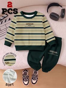 SHEIN 2pcs Baby Boys Sweatshirt Set Sporty Dark Green Khaki Striped Letter Print Long Sleeve Loose Crew Neck School Autumn Winter Fall,1 Random Set - Multicolor - View 6
