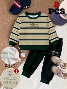 SHEIN 2pcs Baby Boys Sweatshirt Set Sporty Dark Green Khaki Striped Letter Print Long Sleeve Loose Crew Neck School Autumn Winter Fall,1 Random Set - Multicolor - View 5