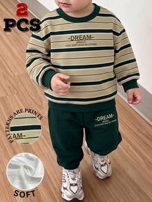 SHEIN 2pcs Baby Boys Sweatshirt Set Sporty Dark Green Khaki Striped Letter Print Long Sleeve Loose Crew Neck School Autumn Winter Fall,1 Random Set - Multicolor - View 4