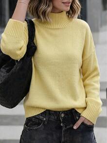 Balvessa Women's Solid Color Casual Versatile Daily Pullover Sweater - Light Yellow - View 3