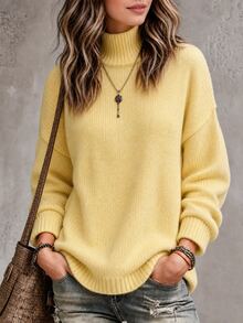 Balvessa Women's Solid Color Casual Versatile Daily Pullover Sweater - Light Yellow - View 6