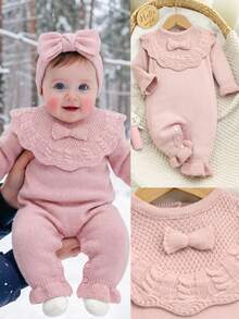 Souflis Souflis Baby Girl Bow Decor Cute Sweater Romper With Long Pants - Baby Pink - View 3