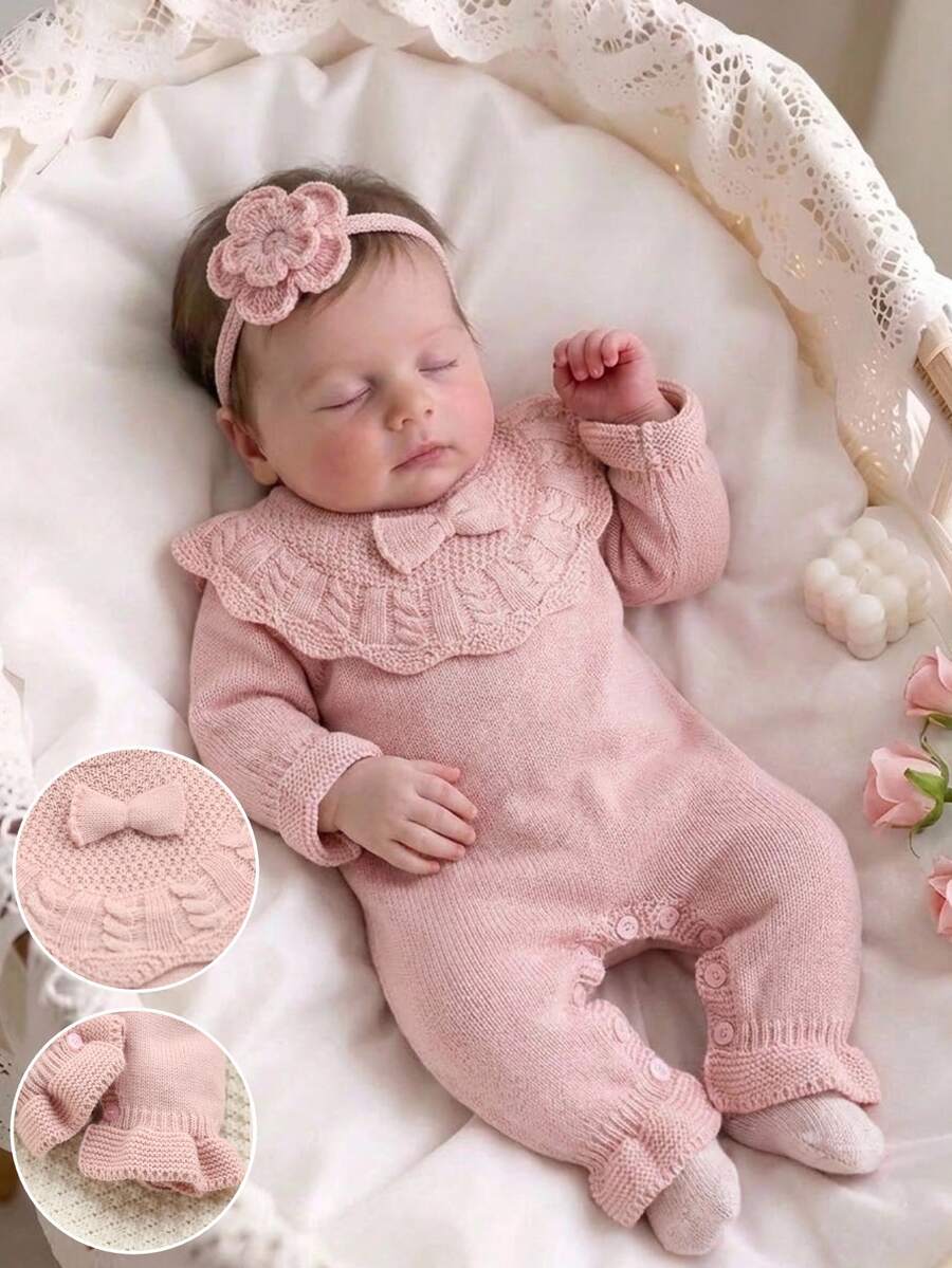 Souflis Souflis Baby Girl Bow Decor Cute Sweater Romper With Long Pants - Baby Pink - View 1