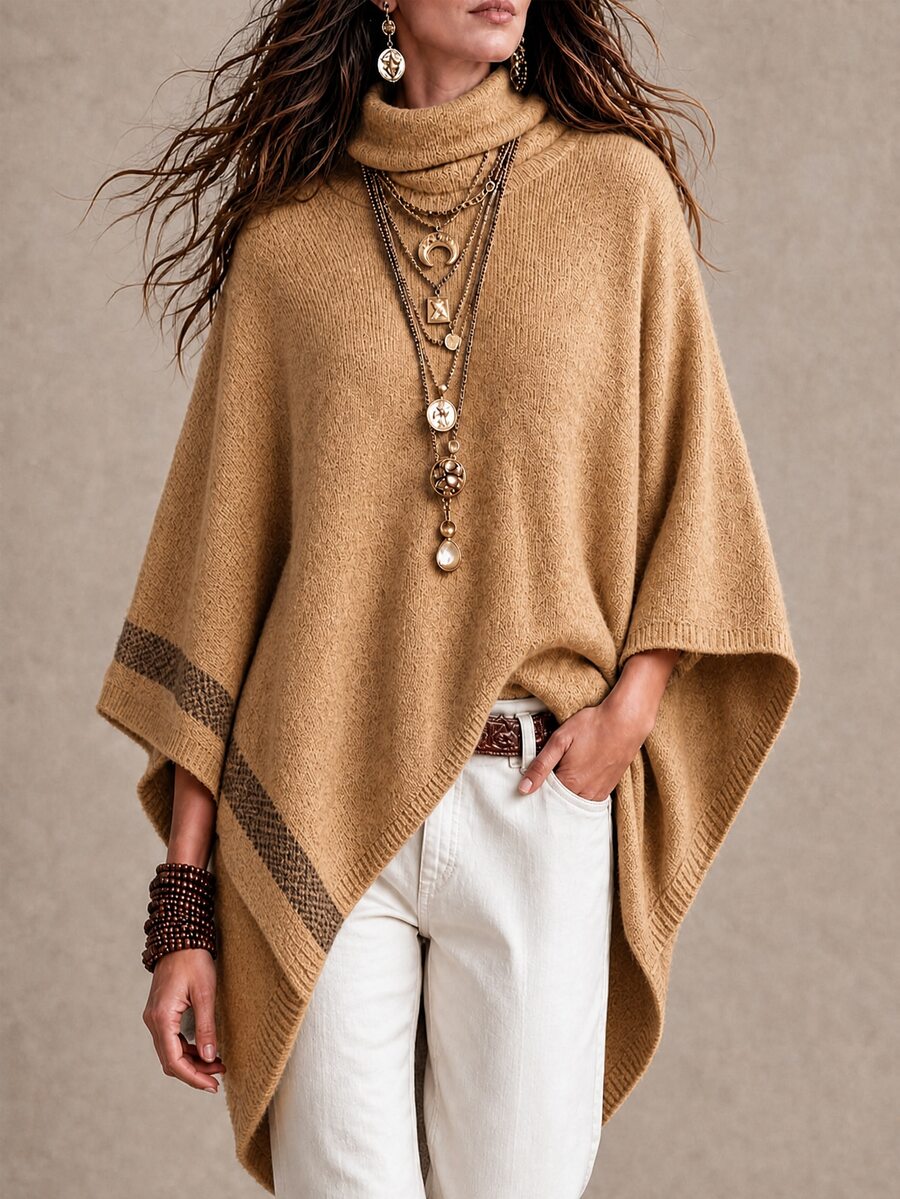 Balvessa Turtleneck Batwing Sleeve Asymmetrical Hem Knit Poncho