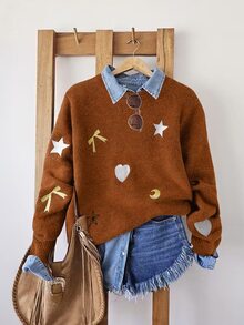 SHEIN LUNE Women's Heart & Bow Pattern Long Sleeve Casual Sweater - Redwood - View 3