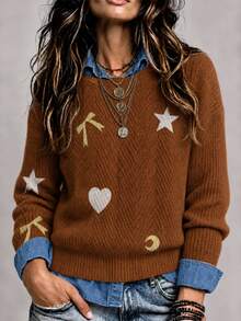 SHEIN LUNE Women's Heart & Bow Pattern Long Sleeve Casual Sweater - Redwood - View 1