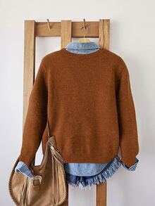 SHEIN LUNE Women's Heart & Bow Pattern Long Sleeve Casual Sweater - Redwood - View 2