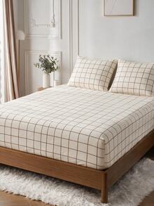 2/3 Pc Fitted Sheet And Pillowcases Set | Plaid Fitted Sheet Set Bedroom Decor All Sizes All Colors | 100x200 160x200 180x200 - Beige - View 4