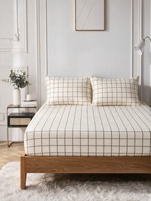 2/3 Pc Fitted Sheet And Pillowcases Set | Plaid Fitted Sheet Set Bedroom Decor All Sizes All Colors | 100x200 160x200 180x200 - Beige - View 2
