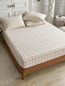 2/3 Pc Fitted Sheet And Pillowcases Set | Plaid Fitted Sheet Set Bedroom Decor All Sizes All Colors | 100x200 160x200 180x200 - Beige - View 5