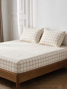 2/3 Pc Fitted Sheet And Pillowcases Set | Plaid Fitted Sheet Set Bedroom Decor All Sizes All Colors | 100x200 160x200 180x200 - Beige - View 3