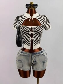 Mistrie American Retro Zebra Stripe Ribbed Knit Short Sleeve New Chinese Style Frog Button Halter Neck Hollow Out Multi-Tie Fitted Cropped Top - Beige - View 10