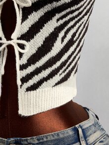 Mistrie American Retro Zebra Stripe Ribbed Knit Short Sleeve New Chinese Style Frog Button Halter Neck Hollow Out Multi-Tie Fitted Cropped Top - Beige - View 4