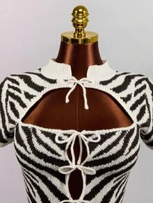 Mistrie American Retro Zebra Stripe Ribbed Knit Short Sleeve New Chinese Style Frog Button Halter Neck Hollow Out Multi-Tie Fitted Cropped Top - Beige - View 5