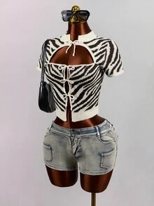 Mistrie American Retro Zebra Stripe Ribbed Knit Short Sleeve New Chinese Style Frog Button Halter Neck Hollow Out Multi-Tie Fitted Cropped Top - Beige - View 9