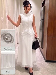 Modelyn Setelan Blazer Elegan dan Awet Muda Gaya Prancis untuk Wanita, Atasan Tanpa Lengan dengan Kerah Tegak dan Hiasan Ruffle yang Melangsingkan serta Rok Mengembang. - Putih - View 6