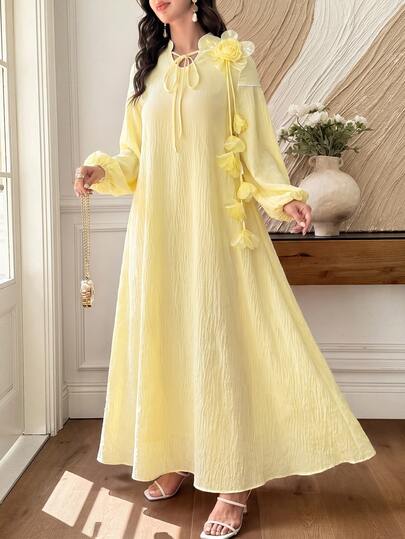 Yasmyna Women's Arabian Dress With Stand Collar, Contrast Color Buckle Strap, 3D Floral Accents, Contrast Color Lantern Long Sleeves And Full Skirt Butter Yel