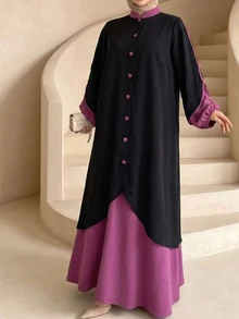 Al Najma Autumn Colorblock Asymmetrical 2 In 1 Button Embellished Stand Collar Pullover Loose Casual Long Dress Plus Size Women Arabic Style - Multicolor - View 5