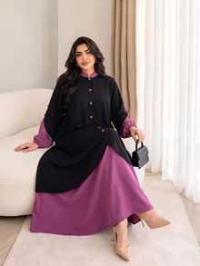 Al Najma Autumn Colorblock Asymmetrical 2 In 1 Button Embellished Stand Collar Pullover Loose Casual Long Dress Plus Size Women Arabic Style - Multicolor - View 4