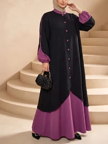 Al Najma Autumn Colorblock Asymmetrical 2 In 1 Button Embellished Stand Collar Pullover Loose Casual Long Dress Plus Size Women Arabic Style - Multicolor - View 3