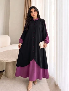 Al Najma Autumn Colorblock Asymmetrical 2 In 1 Button Embellished Stand Collar Pullover Loose Casual Long Dress Plus Size Women Arabic Style - Multicolor - View 6