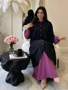 Al Najma Autumn Colorblock Asymmetrical 2 In 1 Button Embellished Stand Collar Pullover Loose Casual Long Dress Plus Size Women Arabic Style - Multicolor - View 7