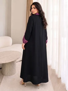 Al Najma Autumn Colorblock Asymmetrical 2 In 1 Button Embellished Stand Collar Pullover Loose Casual Long Dress Plus Size Women Arabic Style - Multicolor - View 2