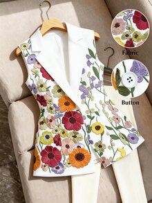GlowEve CURVE Plus Size Women Floral Embroidery Casual Versatile Commuting Vest Jacket - White - View 1