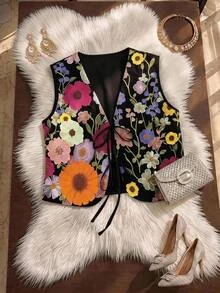GlowEve CURVE Plus Size Colorful Floral Embroidered Sleeveless Jacket Fall - Multicolor - View 3