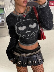 StreetHx Women's Autumn/Winter Skull Asymmetrical Gradient Design Slim Fit Long Sleeve Streetwear Y2K Hot Girl Versatile Knit Sweater - Black - View 3