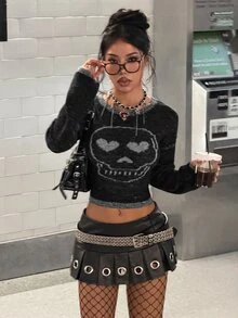 StreetHx Women's Autumn/Winter Skull Asymmetrical Gradient Design Slim Fit Long Sleeve Streetwear Y2K Hot Girl Versatile Knit Sweater - Black - View 6