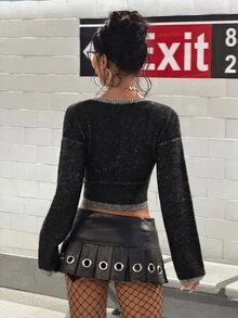 StreetHx Women's Autumn/Winter Skull Asymmetrical Gradient Design Slim Fit Long Sleeve Streetwear Y2K Hot Girl Versatile Knit Sweater - Black - View 2